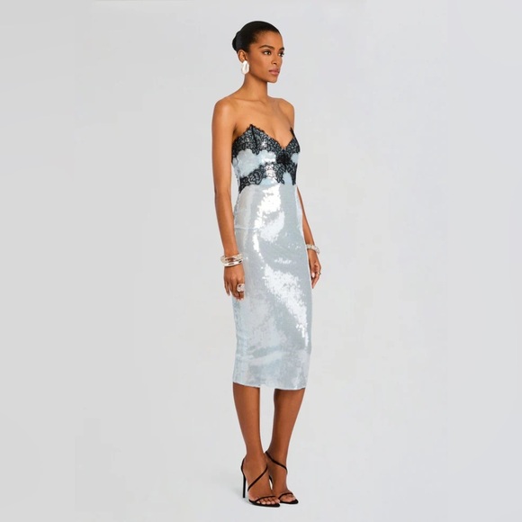 Retrofete Ellen Sequin Dress Midi Icy Blue Strapless - Picture 4 of 11